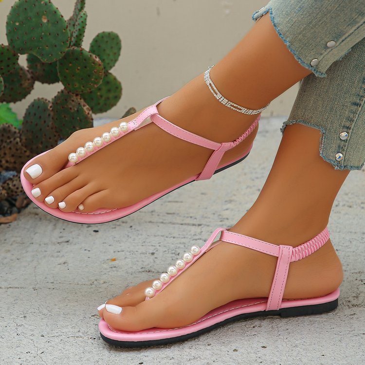 Pearl Thong Sandals Summer Fashion T-Strap Flat Sandals With Elastic Band Beach Shoes For Women