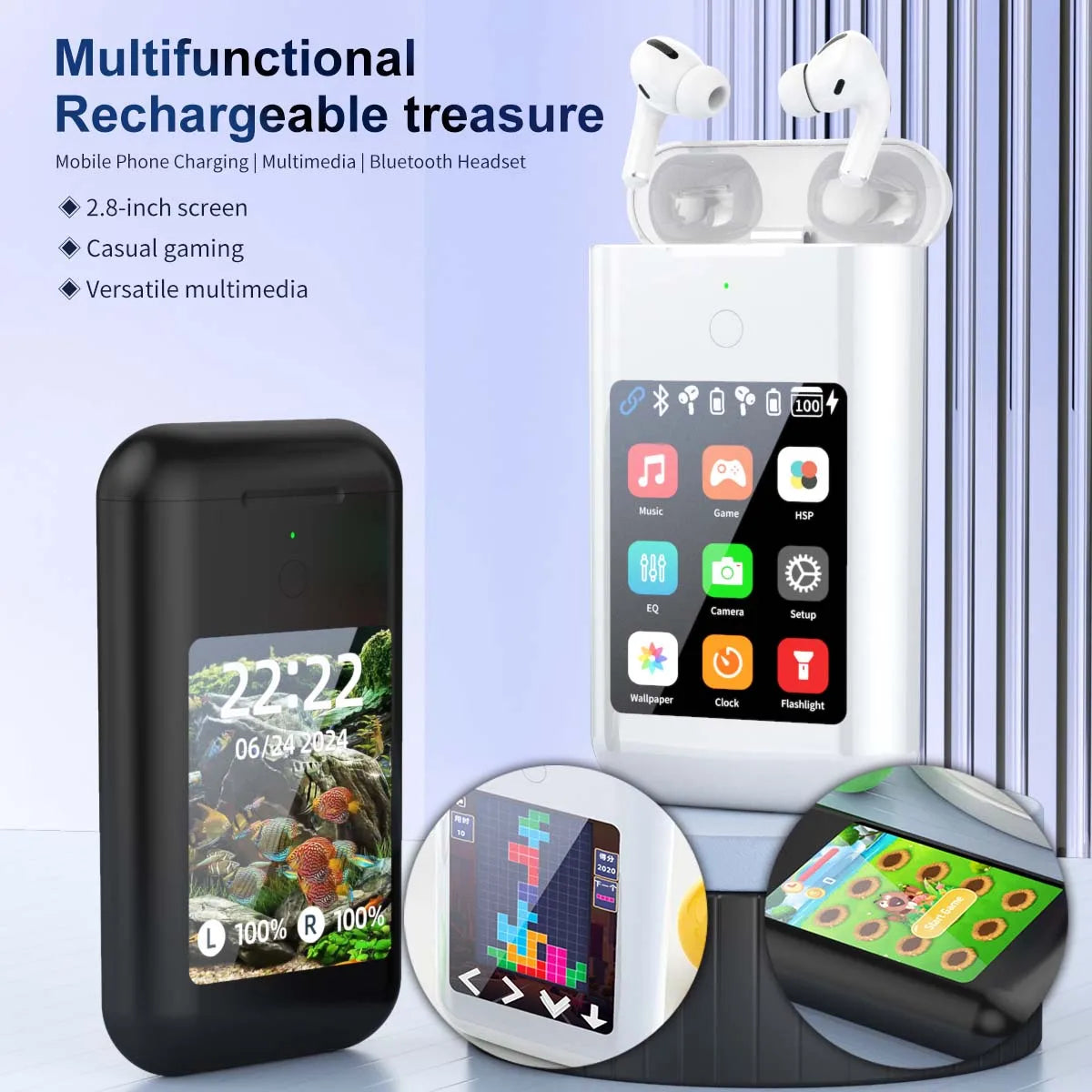 3In1 Gift Touch Screen Earbuds With Powerbank Interactive Games Ui Wallpaper Noise Reduction Wireless Bluetooth Earphone Airbuds